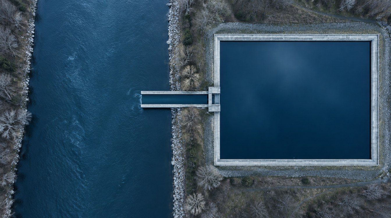 Ein Fluss speist über einen Kanal ein ruhiges Becken, Sinnbild für die monatliche Umbuchung auf das Sparkonto der GmbH